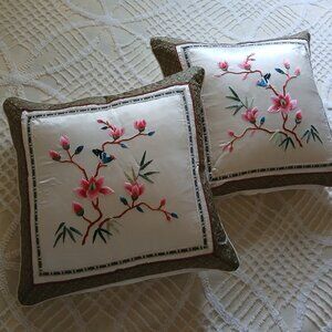 Chines Vintage Dun Huang Embroidered Pillow Covers-Blue Birds and Flowers